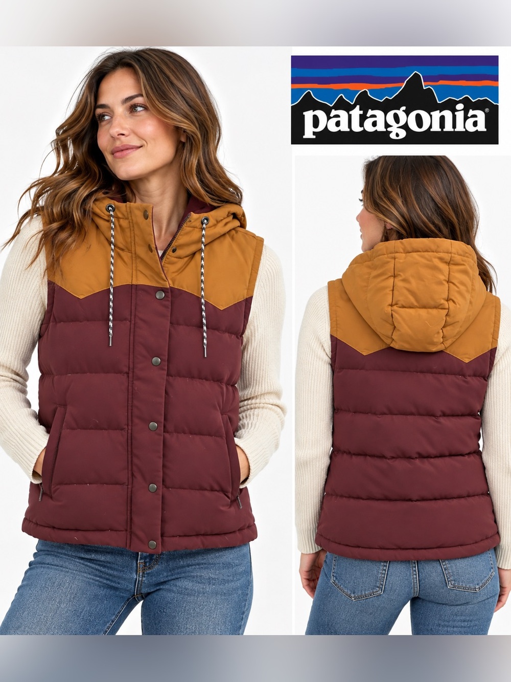 Patagonia Bivy Hooded Down Vest Color Block Burgundy & Orange XS